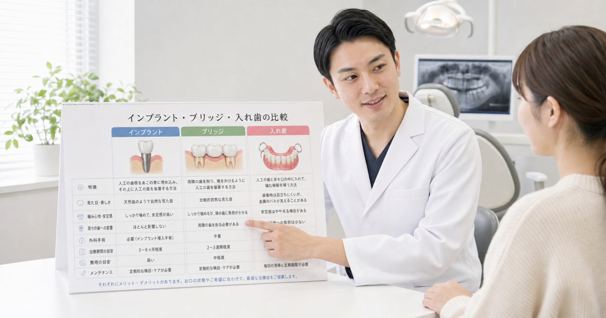 インプラント・ブリッジ・入れ歯を7項目で一覧比較