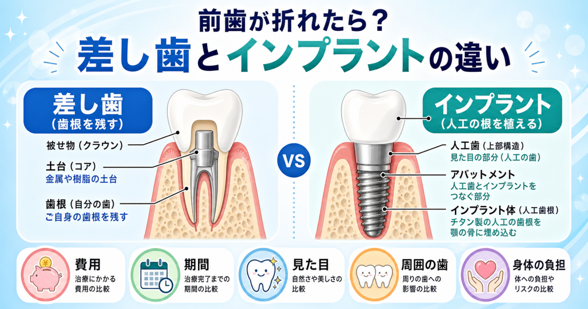 前歯が折れたら?差し歯とインプラントの違いと失敗しない5つの基準
